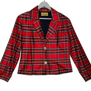 Vintage Painted Pony Red Tartan Plaid Silk Cropped Blazer Chunky Buttons Size 12